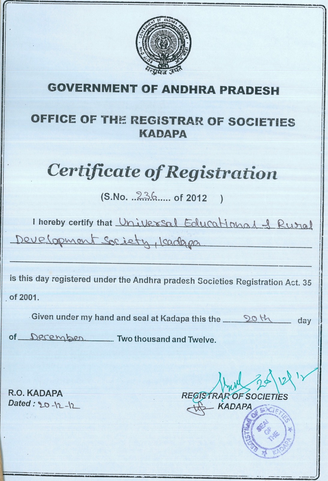 Certificate of Registration from Andhra Pradesh